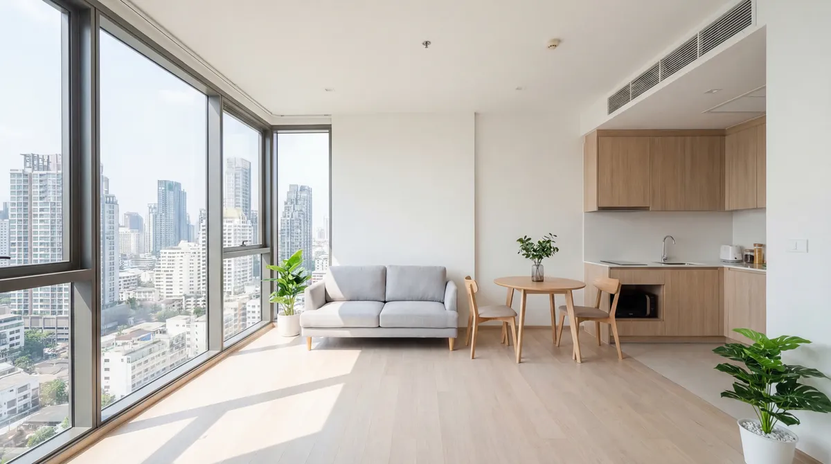 ครัวเปิดในคอนโดมินิมอล กรุงเทพ