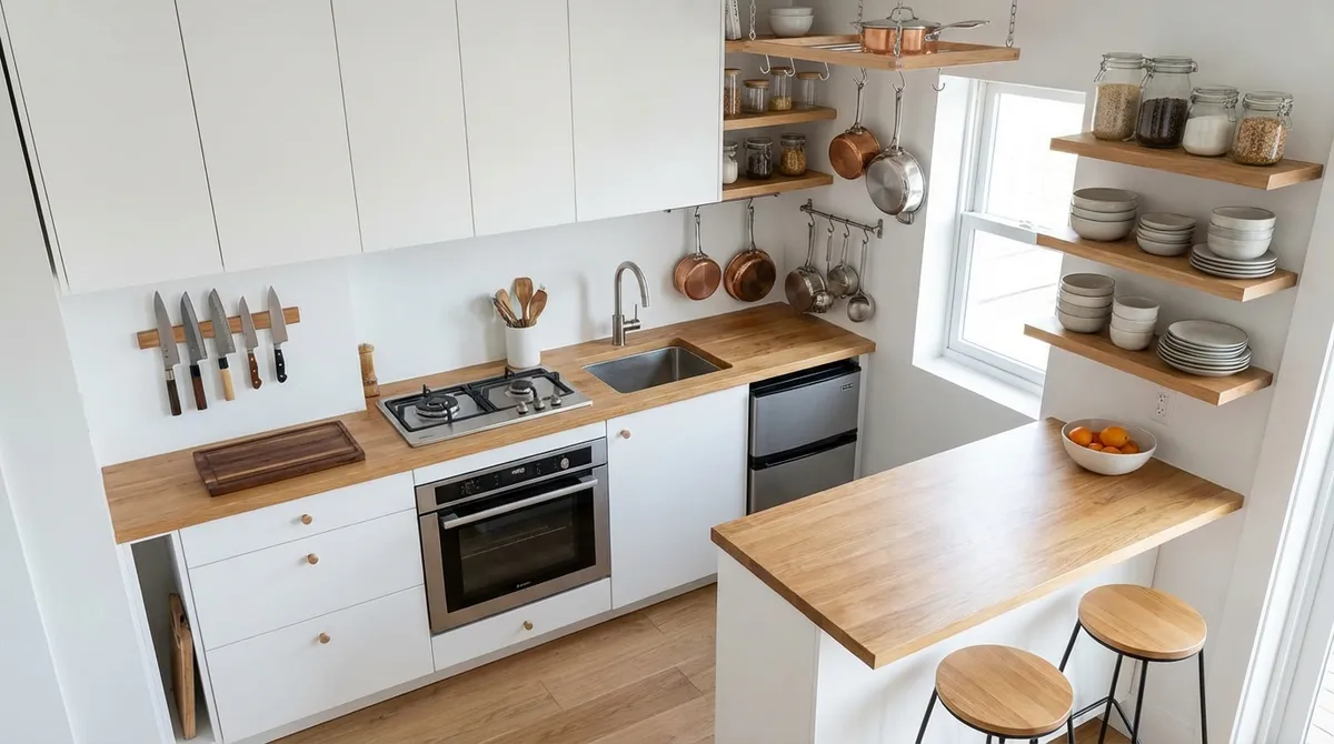 มุมมองจากบน ครัวเล็กจัดเป็นระเบียบ
