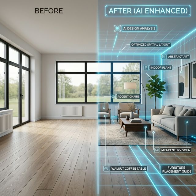 AI Room Planner — empty room vs furnished comparison