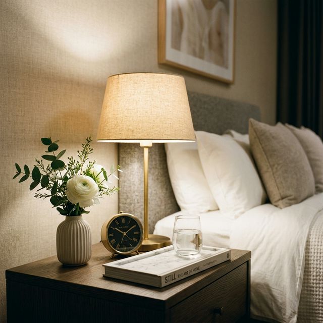 จัดโต๊ะข้างเตียงแบบหรู — โคมไฟ แจกัน หนังสือ