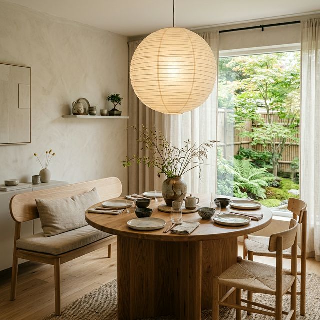 Japandi dining — round table, wabi-sabi ceramics