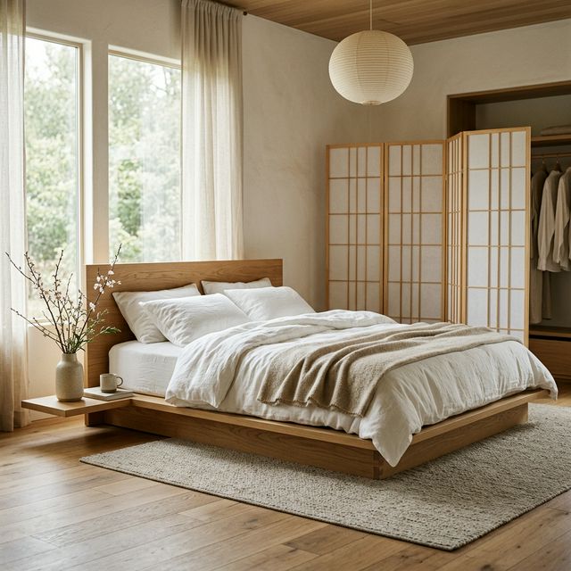 Japandi bedroom — low platform bed, shoji screen, simple vase