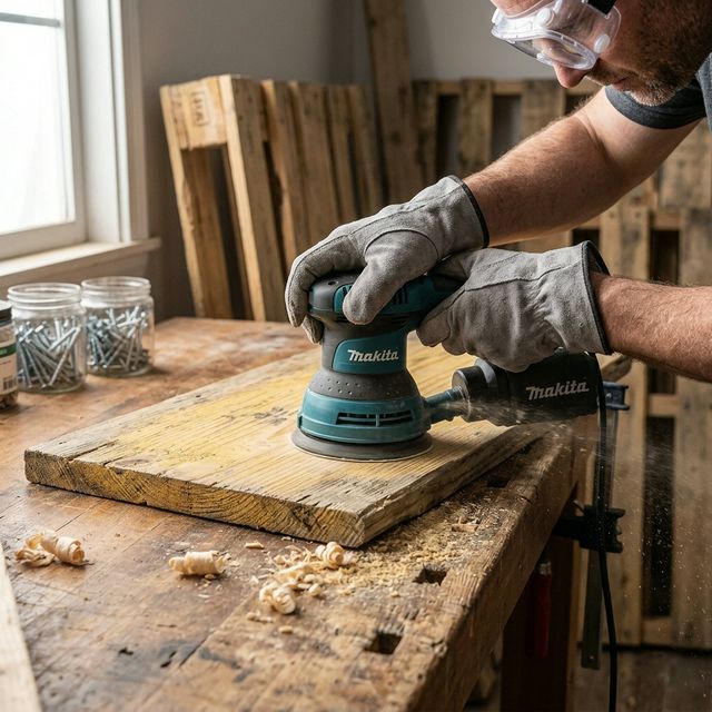 Sanding pallet boards with electric sander