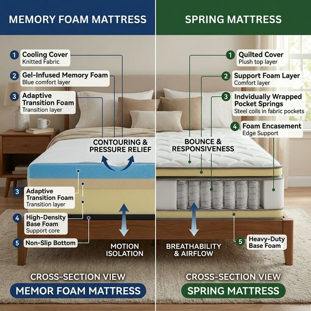 ที่นอนเมมโมรี่โฟม vs สปริง — แบบไหนนอนสบายกว่า? วิเคราะห์ละเอียด