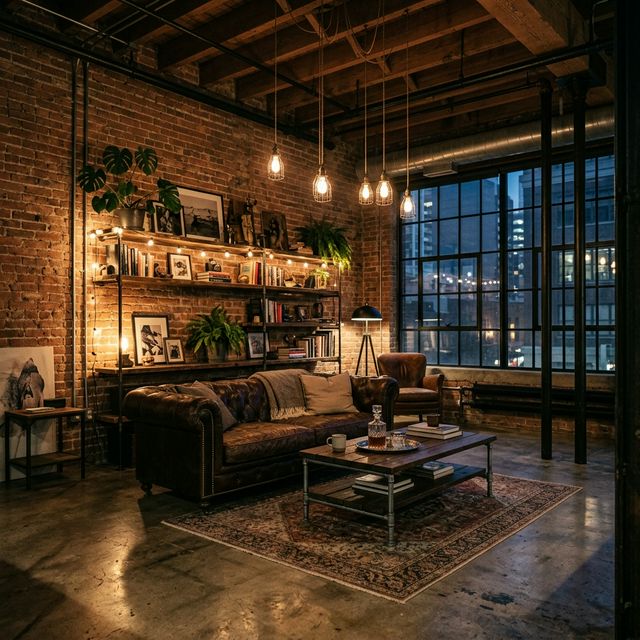 Industrial — exposed brick, metal, raw leather