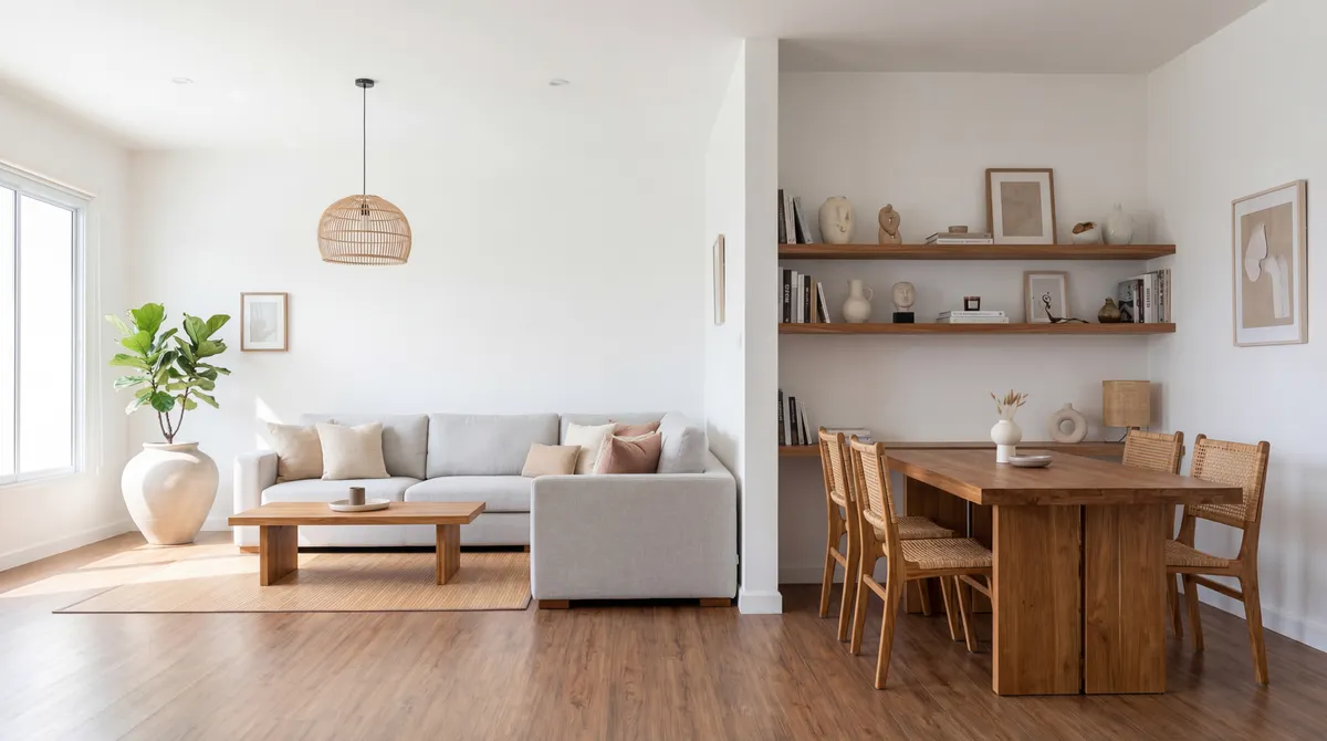 Grey sofa detail with warm-tone pillows